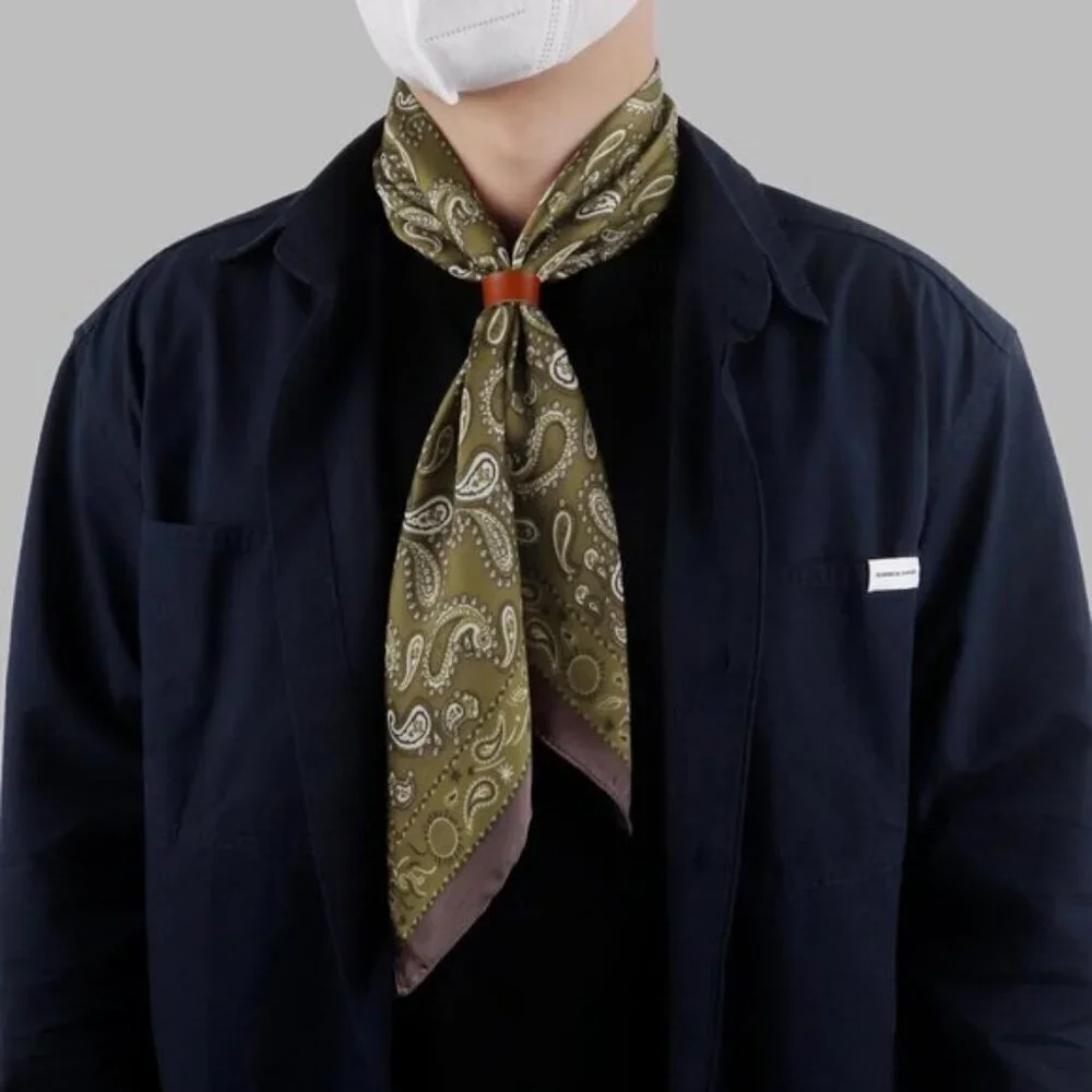 ⚡Men Dull Green Necktie 27.5 Inches Cowboy Scarves Pocket Square Silk Bandanas